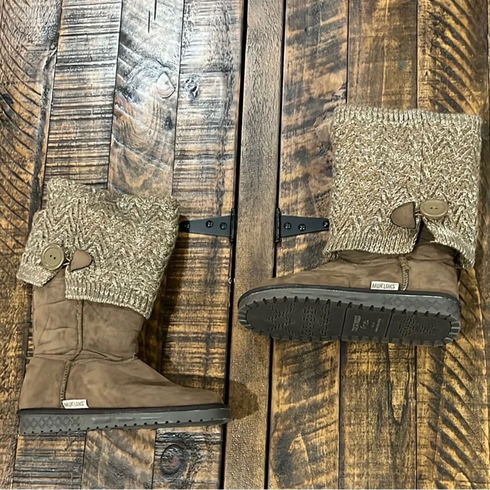 Muk Luks Tan Knit Cuff Boots with Button Detail